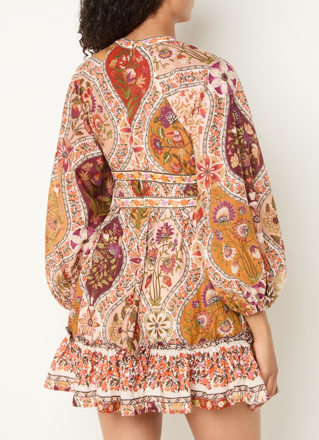 Farm Rio Mini jurk met bloemenprint en strikceintuur - achterkant donkerbeige