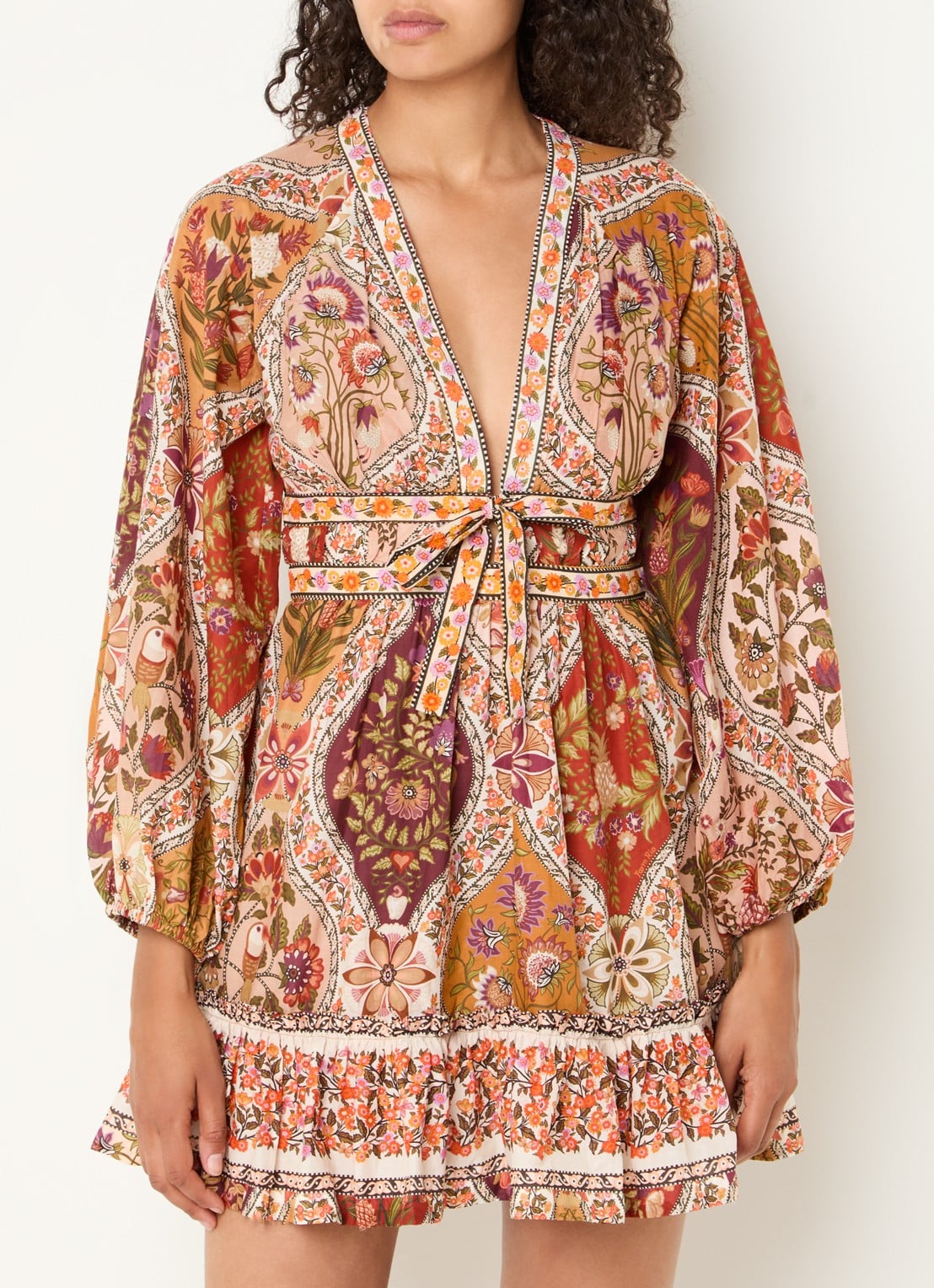Farm Rio Mini jurk met bloemenprint en strikceintuur - detail 2 donkerbeige