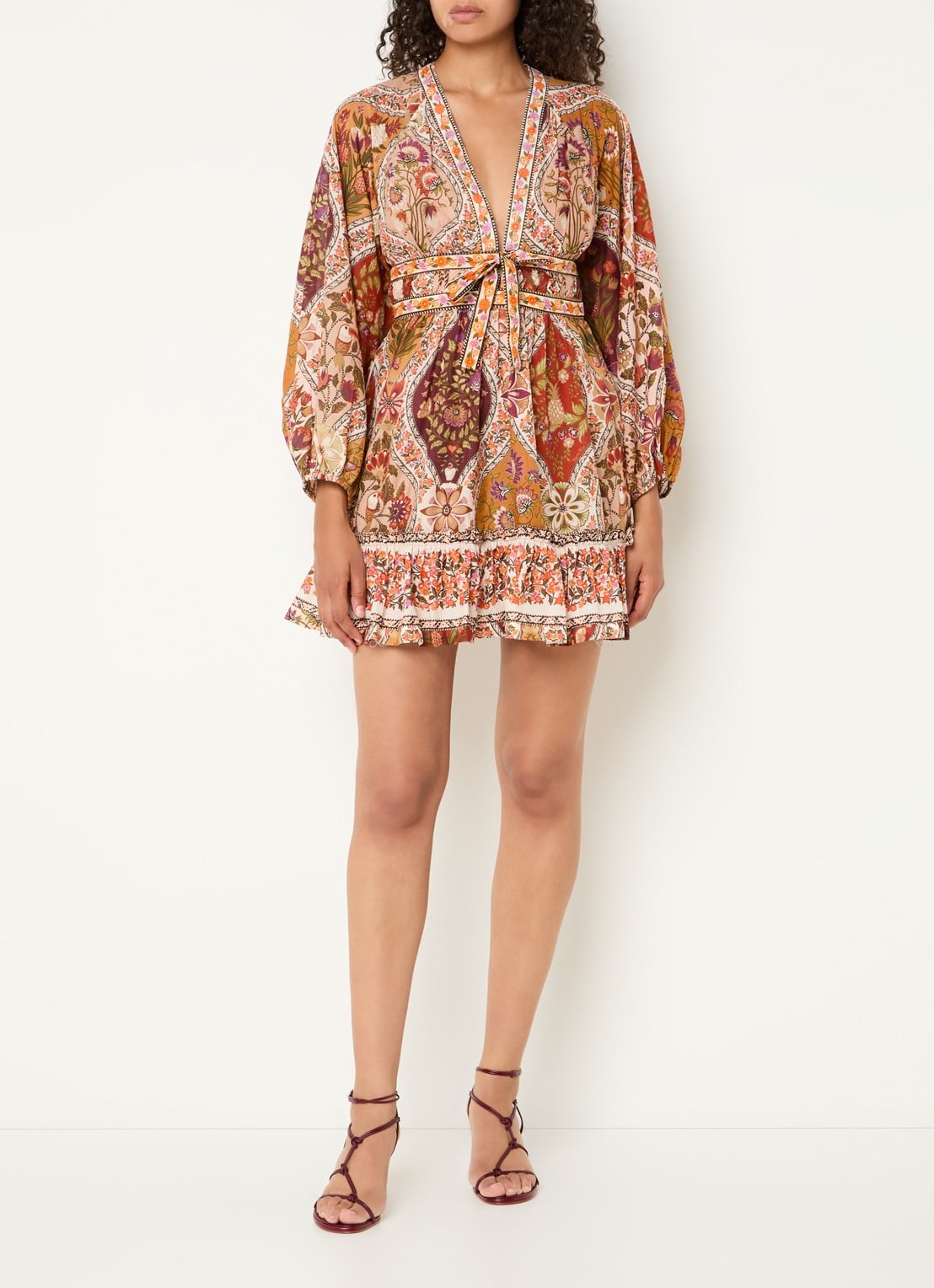 Farm Rio Mini jurk met bloemenprint en strikceintuur - voorkant 4 donkerbeige