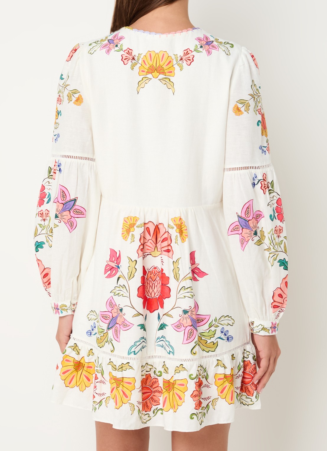 Farm Rio Mini tuniekjurk in linnenblend met bloemenprint en ballonmouw - achterkant creme