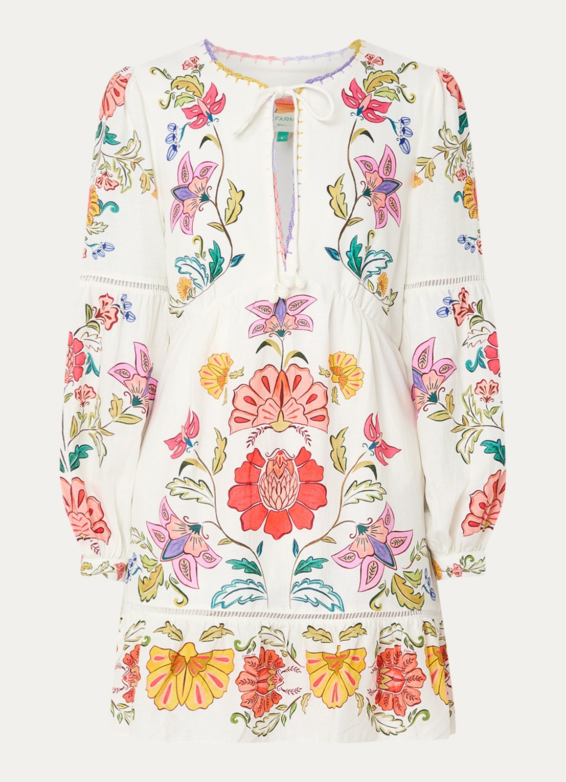 Farm Rio Mini tuniekjurk in linnenblend met bloemenprint en ballonmouw - voorkant 2 creme
