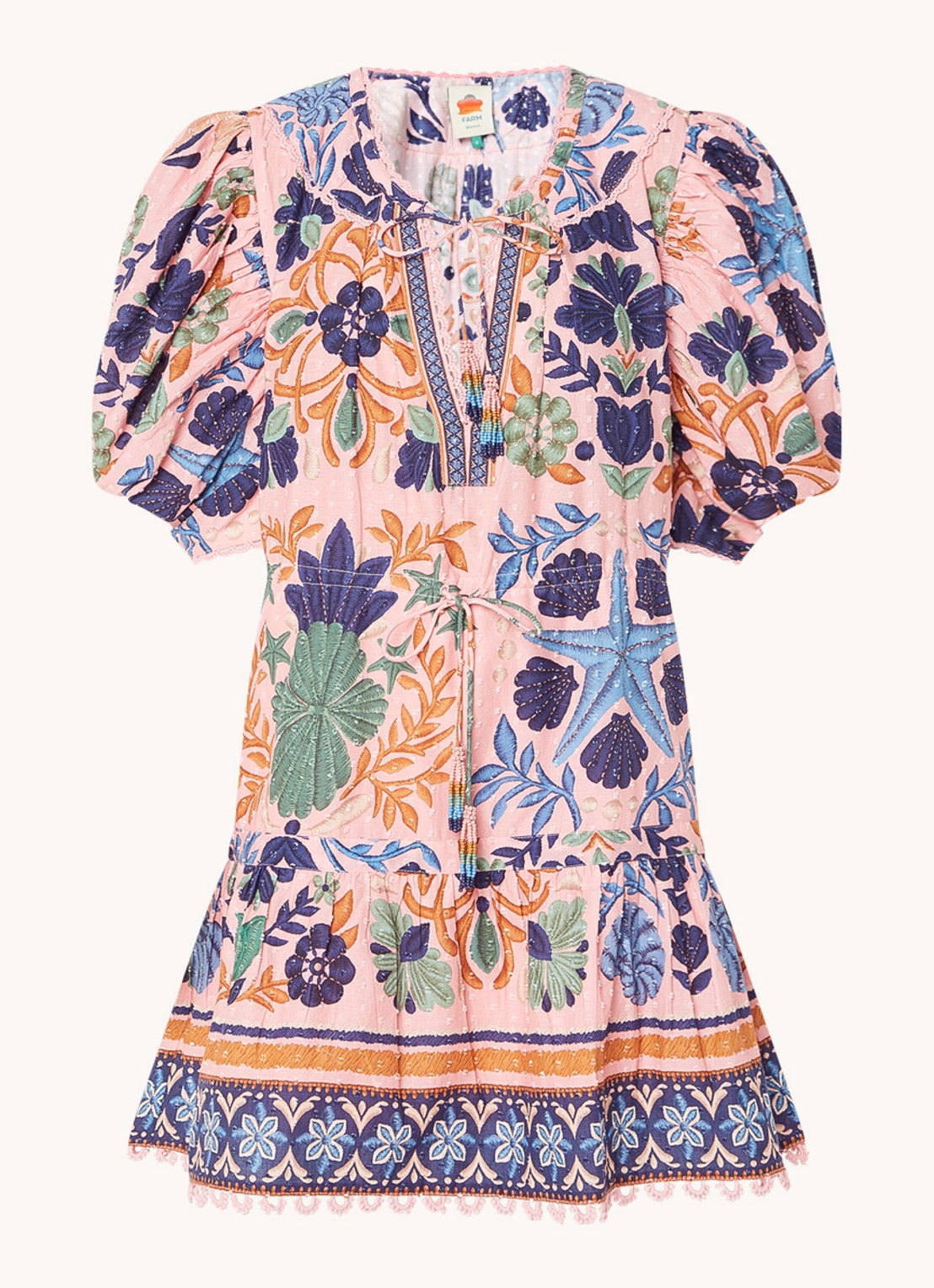 Farm Rio Mini tuniekjurk met print en pofmouw - voorkant roze