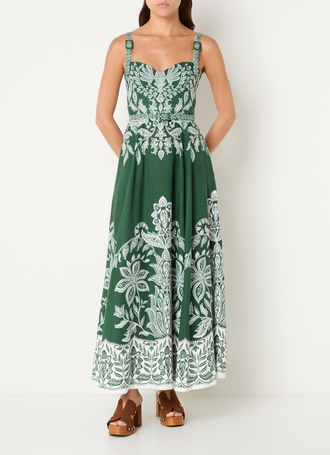 Farm Rio Miranda maxi jurk in linnenblend met print - detail 2 donkergroen