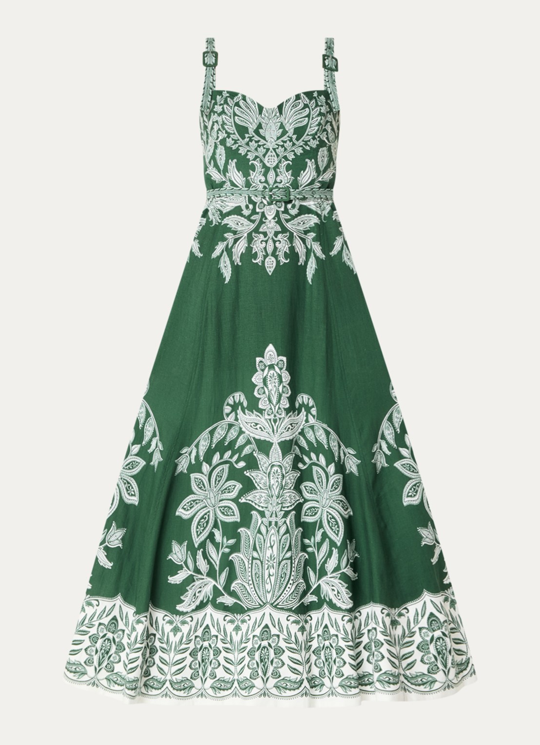 Farm Rio Miranda maxi jurk in linnenblend met print - voorkant 3 donkergroen