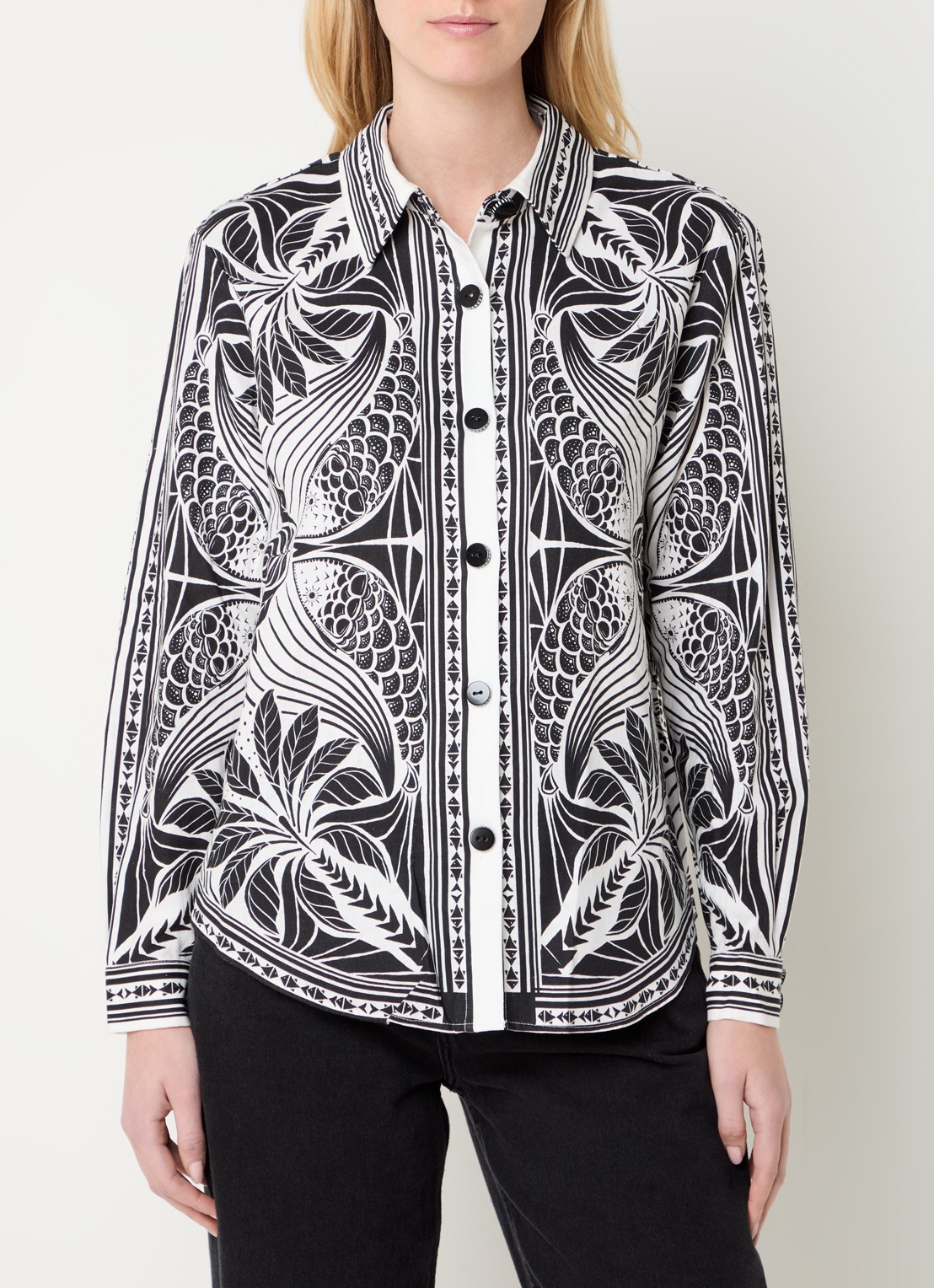 Farm Rio Monochrome blouse in linnenblend met bladprint - detail 4 wit