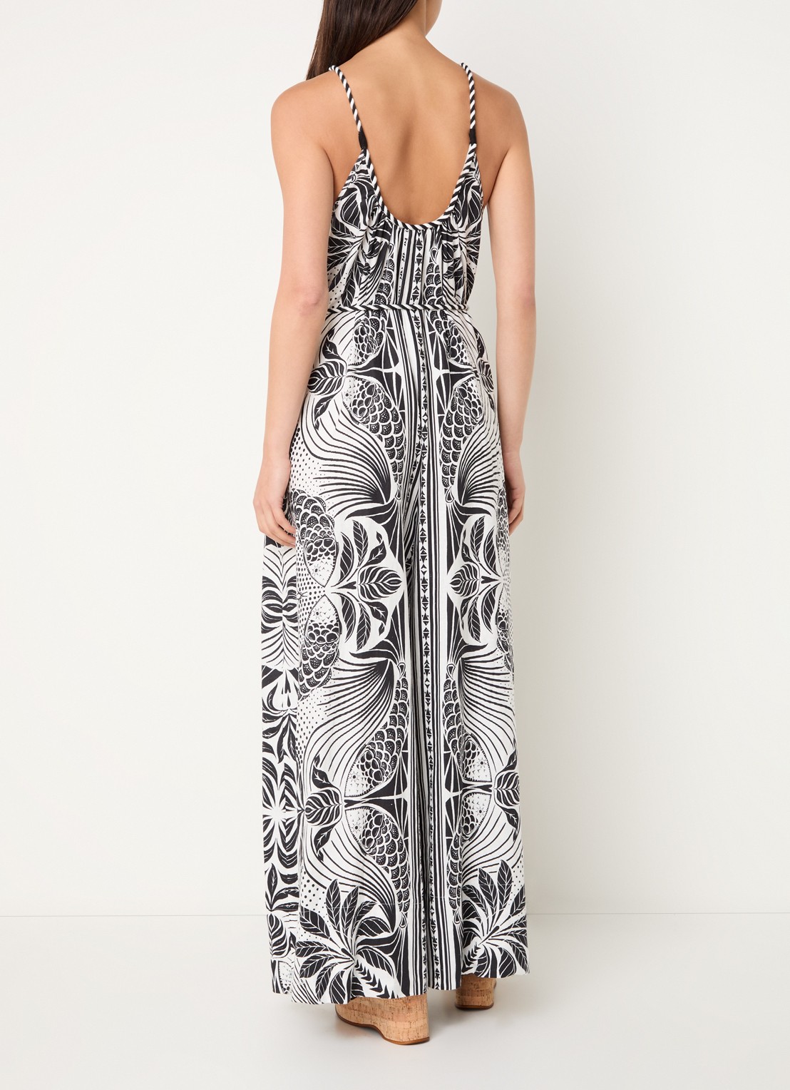 Farm Rio Monochrome wide fit jumpsuit in linnenblend met print - achterkant gebroken wit