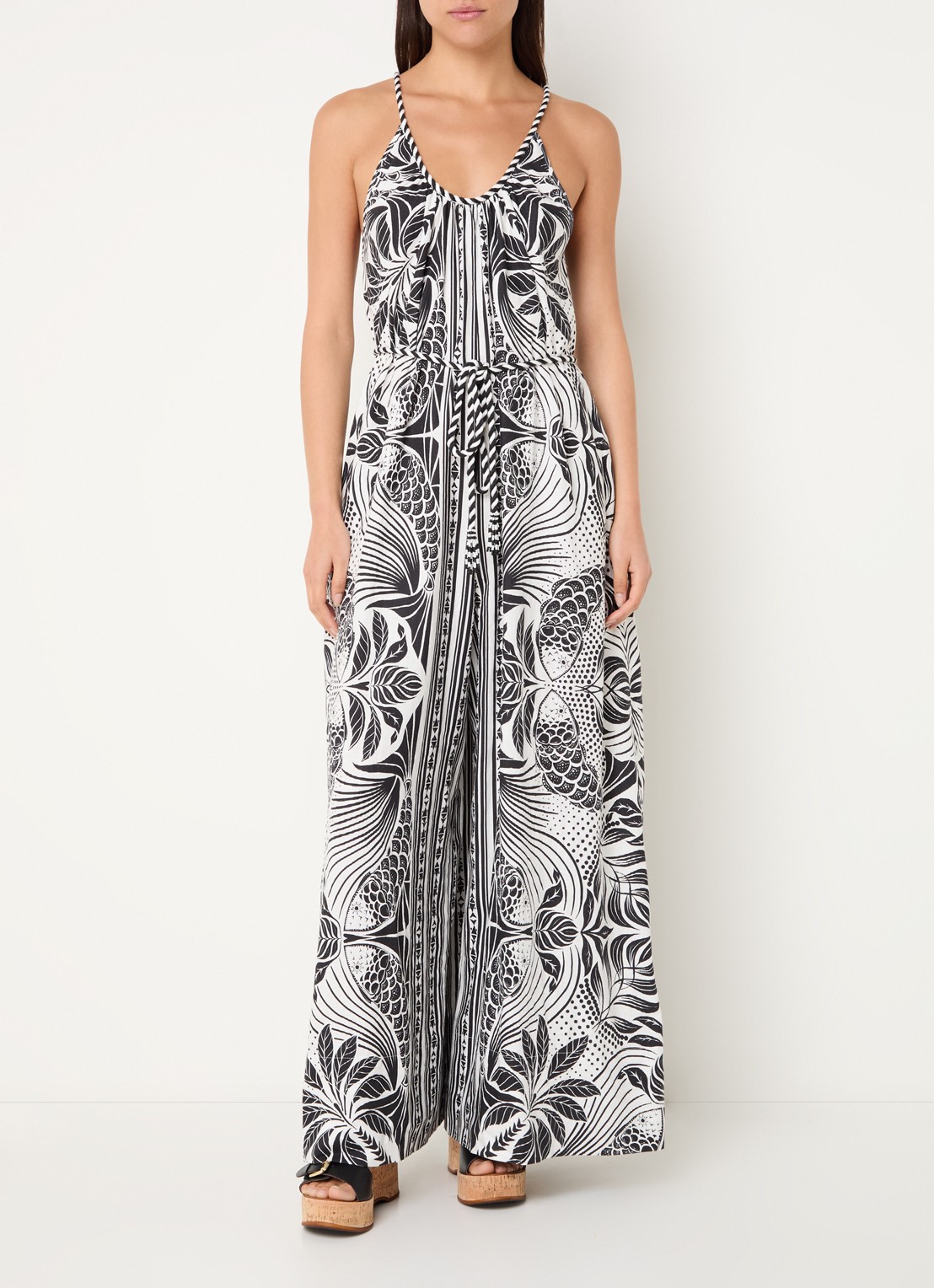 Farm Rio Monochrome wide fit jumpsuit in linnenblend met print - detail 4 gebroken wit