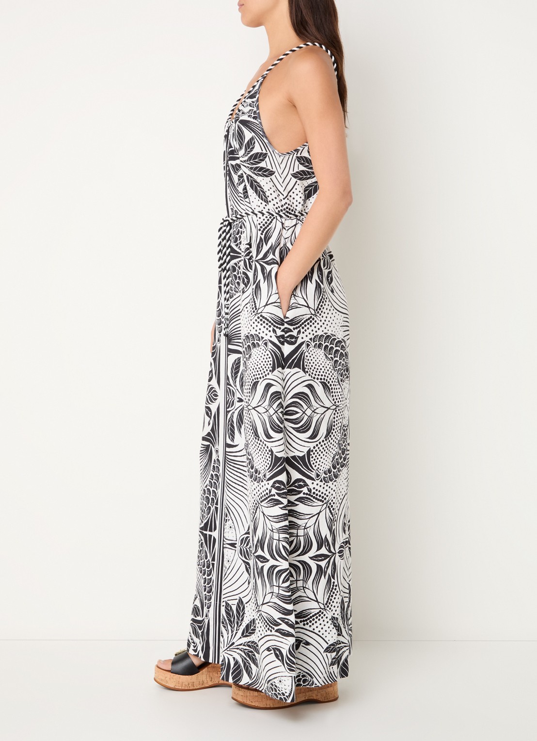 Farm Rio Monochrome wide fit jumpsuit in linnenblend met print - voorkant 3 gebroken wit