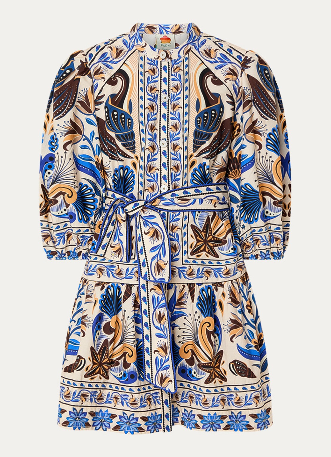 Farm Rio Nature Land mini blousejurk met print - voorkant blauw