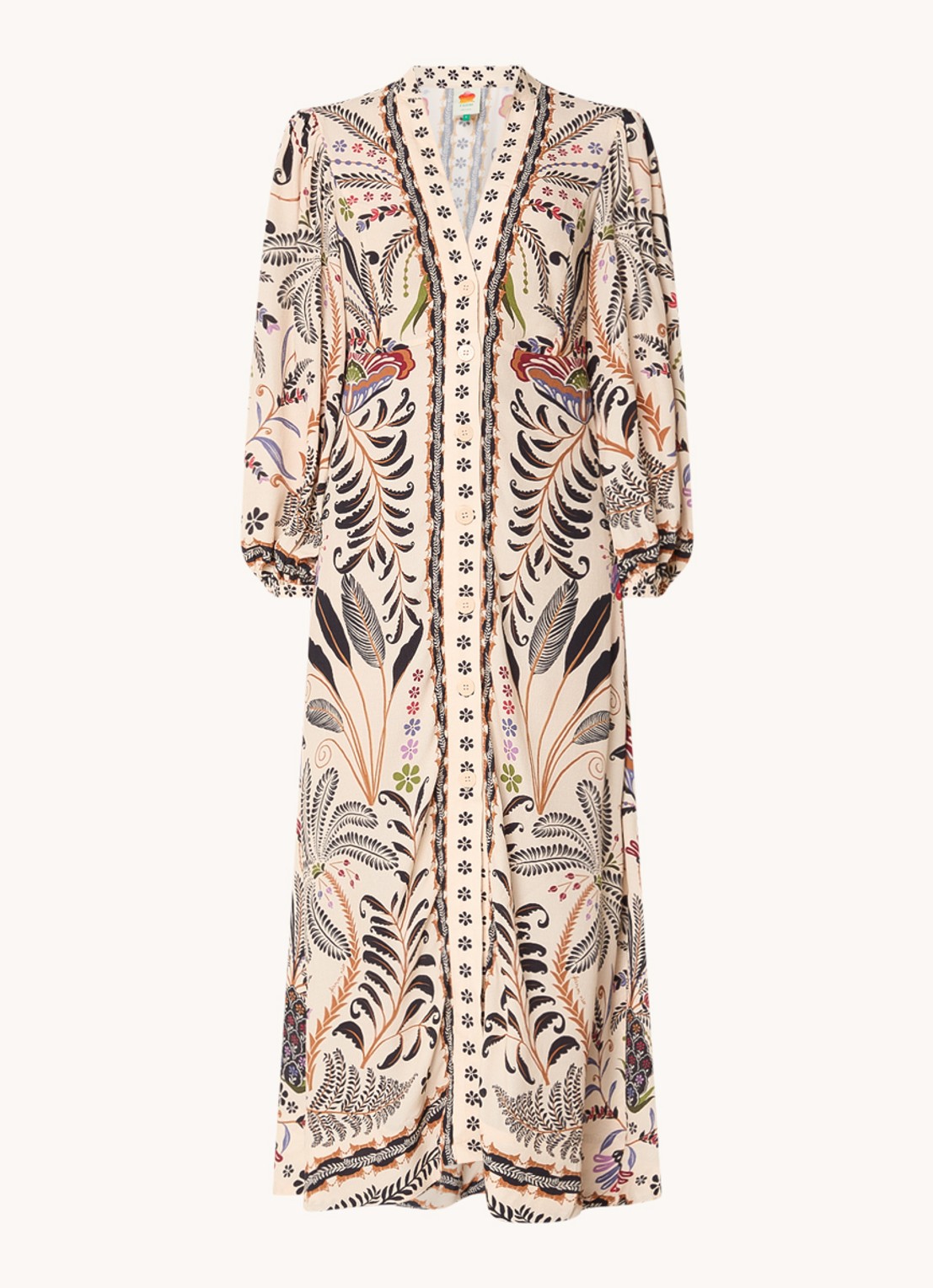 Farm Rio Nature midi blousejurk met bloemenprint - voorkant beige