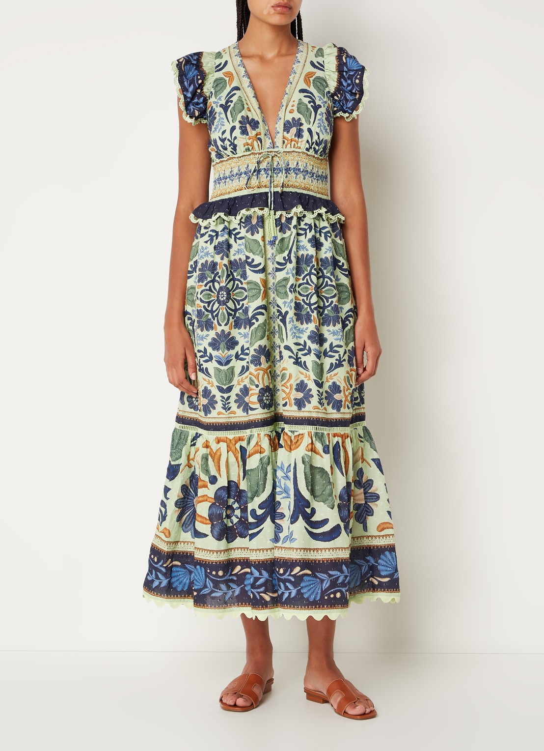 Farm Rio Ocean midi jurk met bloemenprint en smockwerk - detail 2 lindegroen