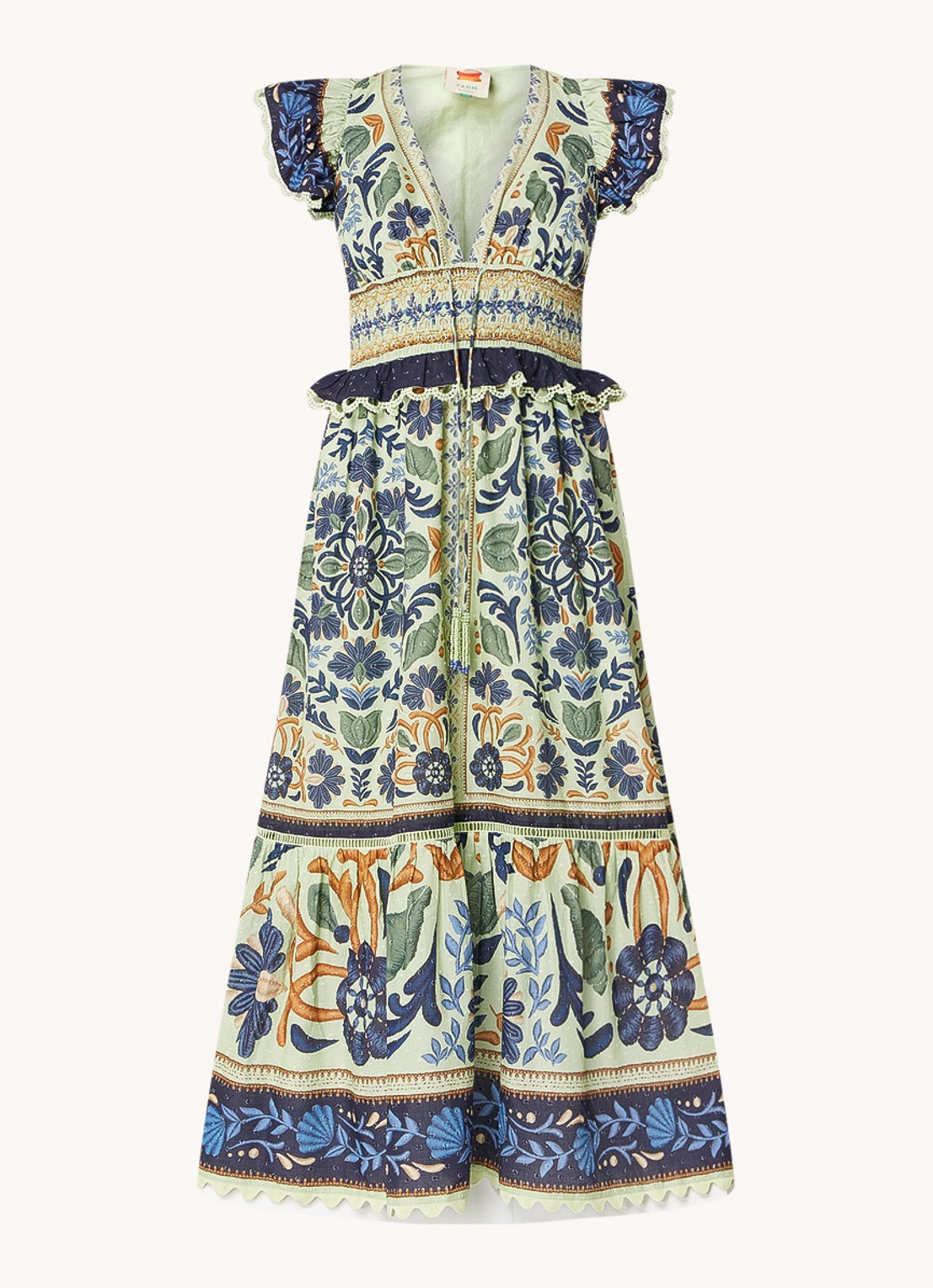 Farm Rio Ocean midi jurk met bloemenprint en smockwerk - voorkant 3 lindegroen