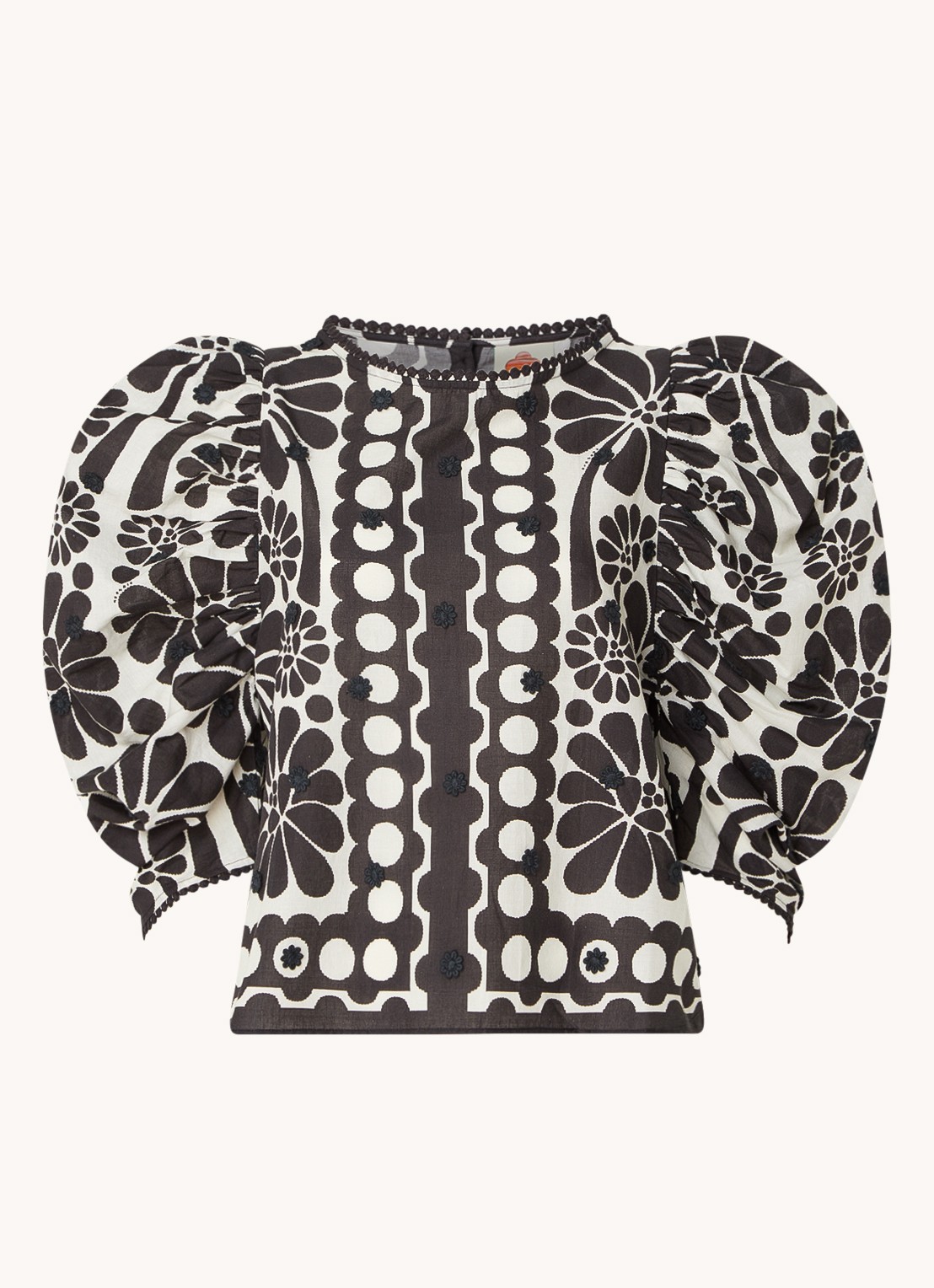 Farm Rio Palermo crop top met bloemenprint en pofmouw - voorkant 4 zwart