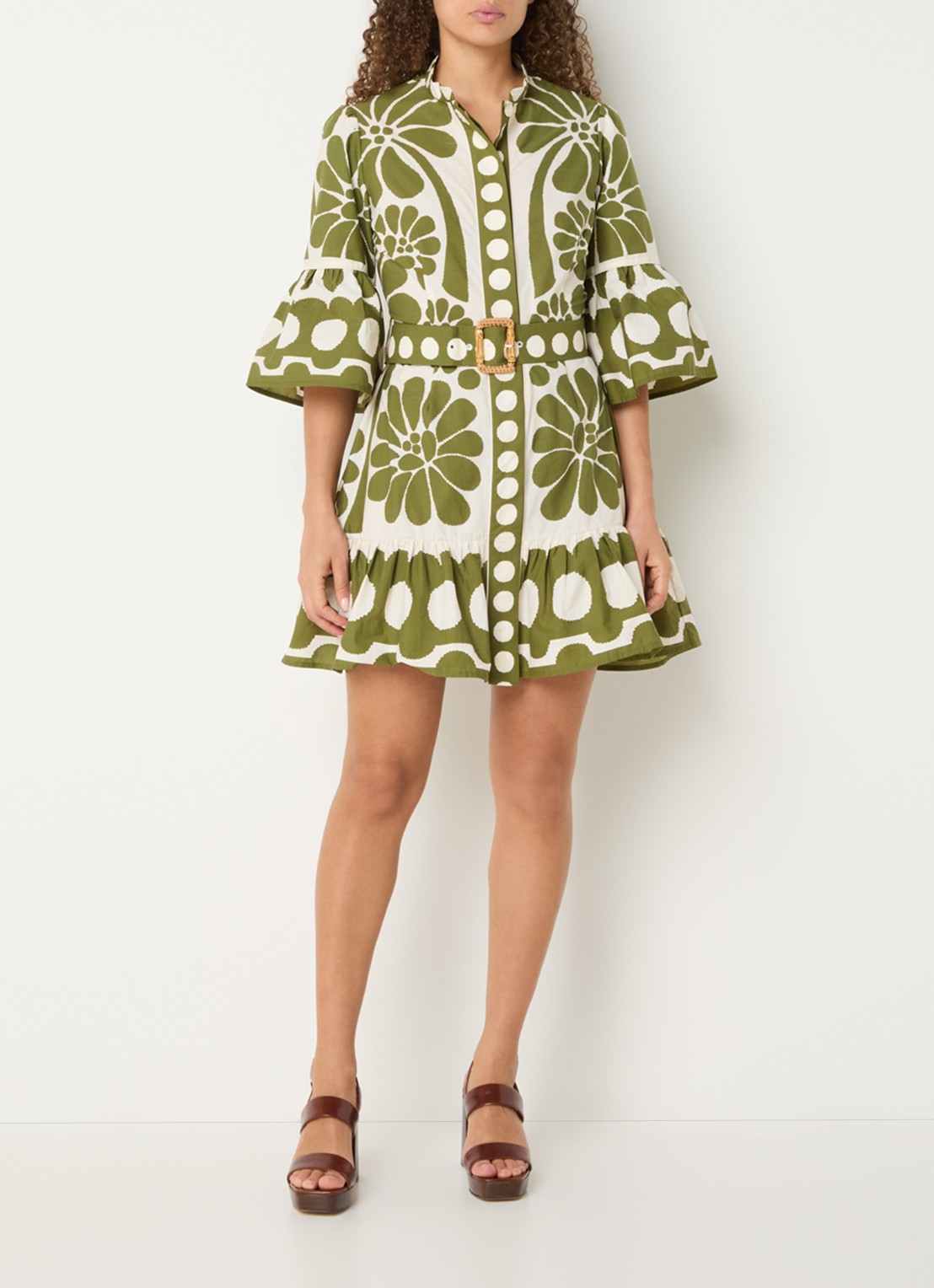 Farm Rio Palermo mini jurk met ceintuur en print - voorkant 4 mosgroen