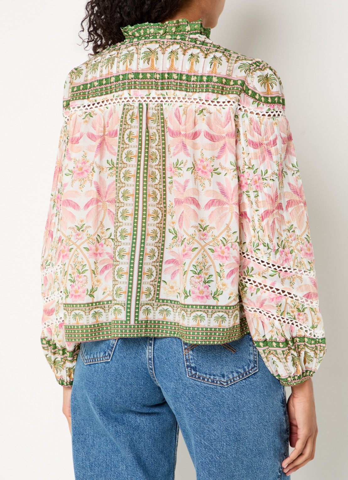 Farm Rio Palm Dream blouse met opengewerkt dessin en print - achterkant 2 donkergroen