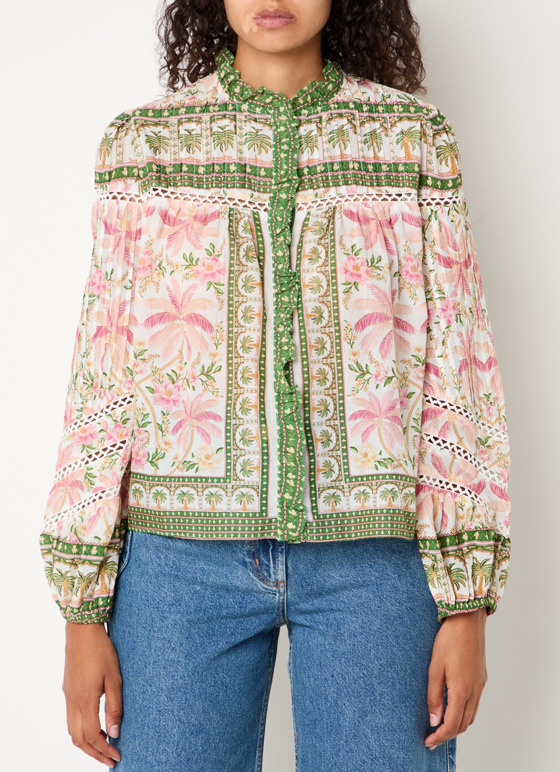 Farm Rio Palm Dream blouse met opengewerkt dessin en print - detail donkergroen