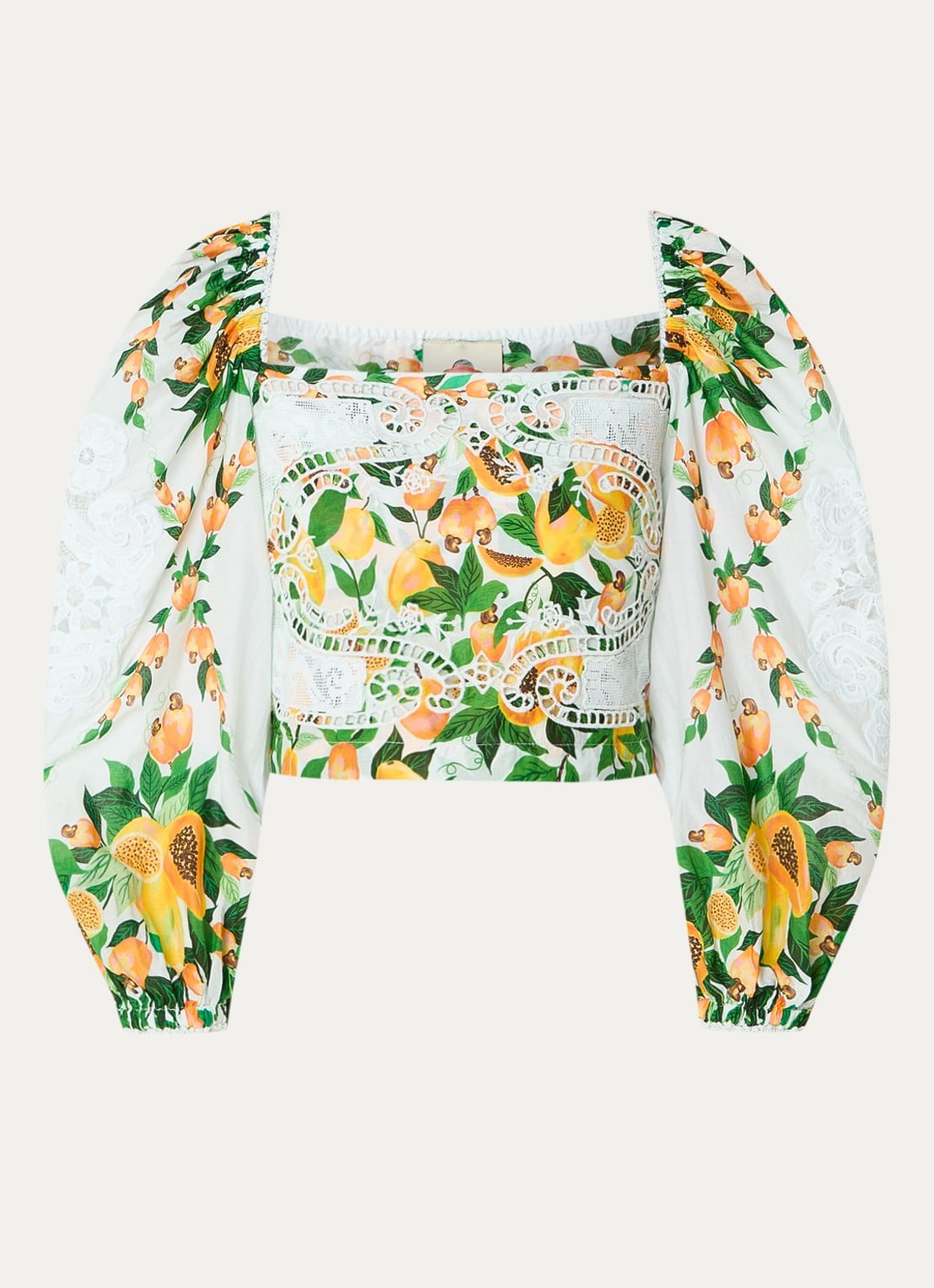 Farm Rio Papaya Salad crop top met print en opengewerkt dessin - voorkant gebroken wit