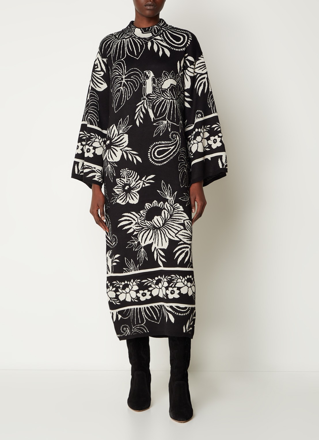 Farm Rio Pasley fijngebreide midi trui-jurk met bloemenprint  - detail 4 zwart
