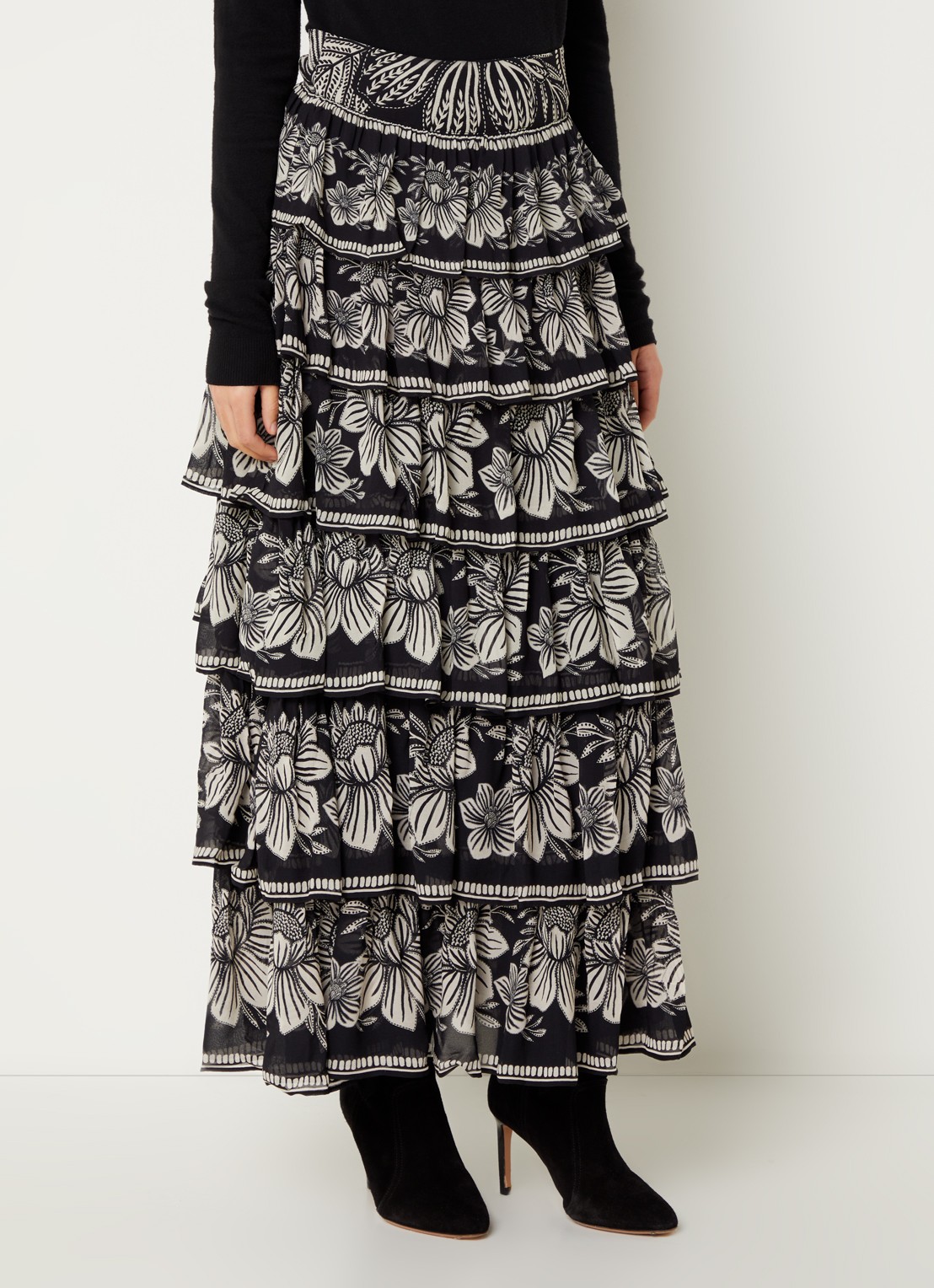 Farm Rio Pasley maxi rok met bloemenprint en volant - detail 4 zwart