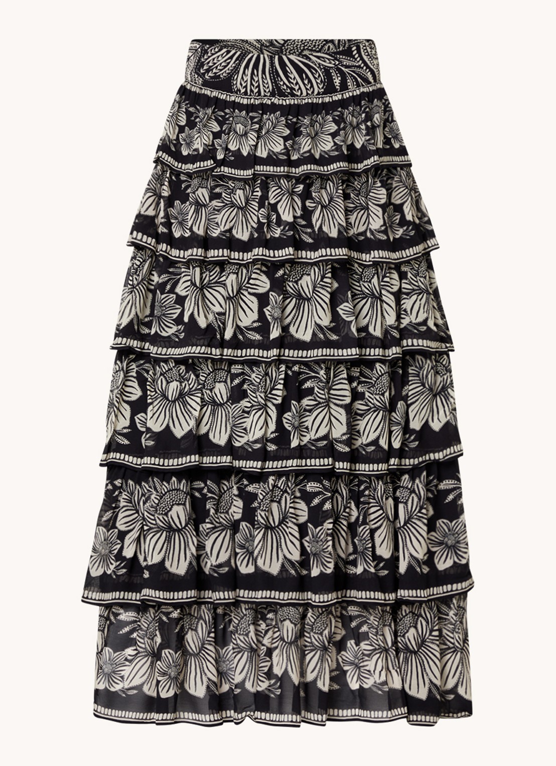Farm Rio Pasley maxi rok met bloemenprint en volant - voorkant 2 zwart