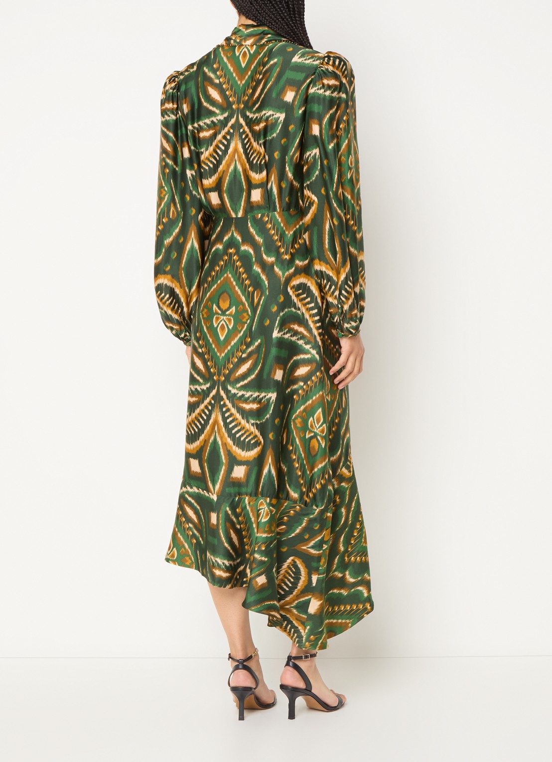 Farm Rio Pineapple midi wikkeljurk met print en asymmetrische zoom - achterkant donkergroen