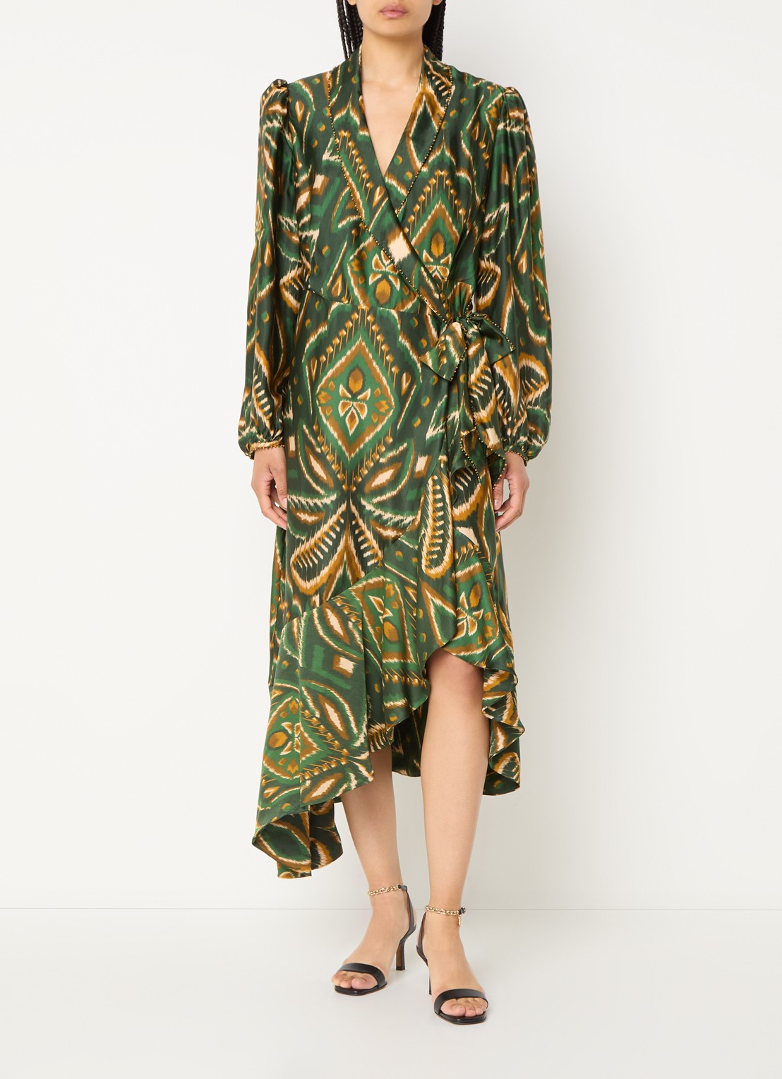 Farm Rio Pineapple midi wikkeljurk met print en asymmetrische zoom - voorkant 3 donkergroen