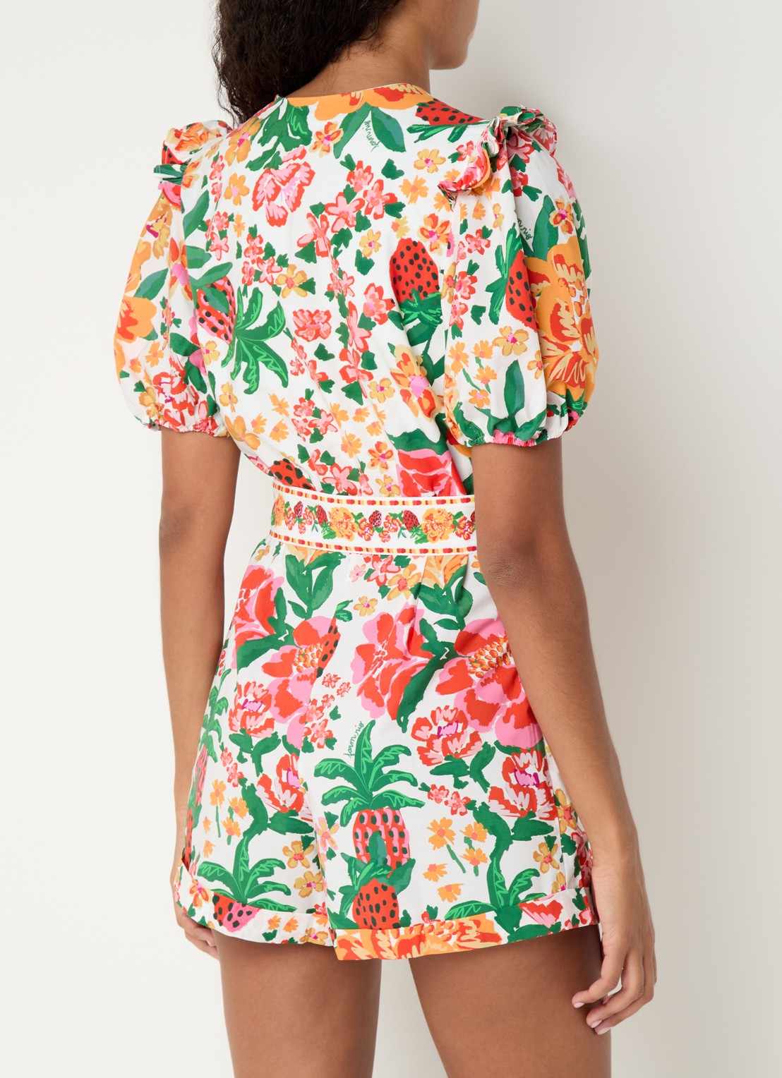 Farm Rio Playsuit met bloemenprint en ceintuur  - achterkant oranje