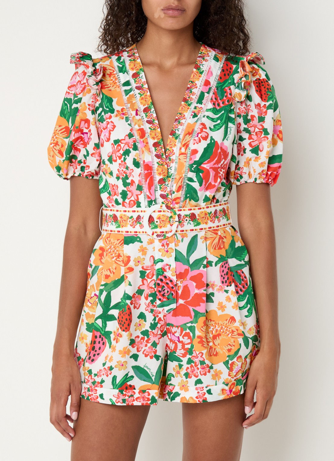 Farm Rio Playsuit met bloemenprint en ceintuur  - detail 2 oranje