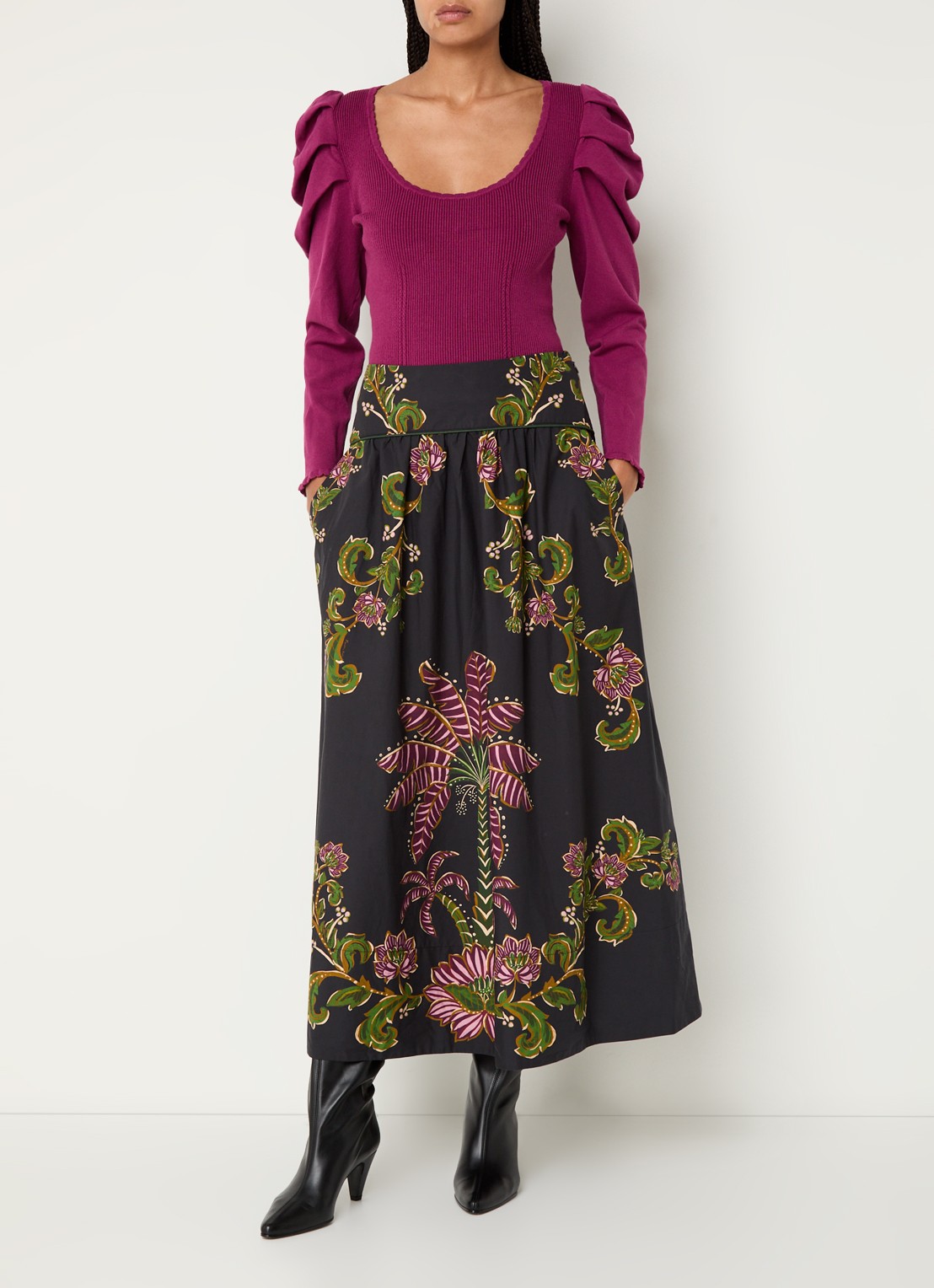 Farm Rio Ravenala midi rok met bloemenprint en steekzakken - voorkant 4 antraciet