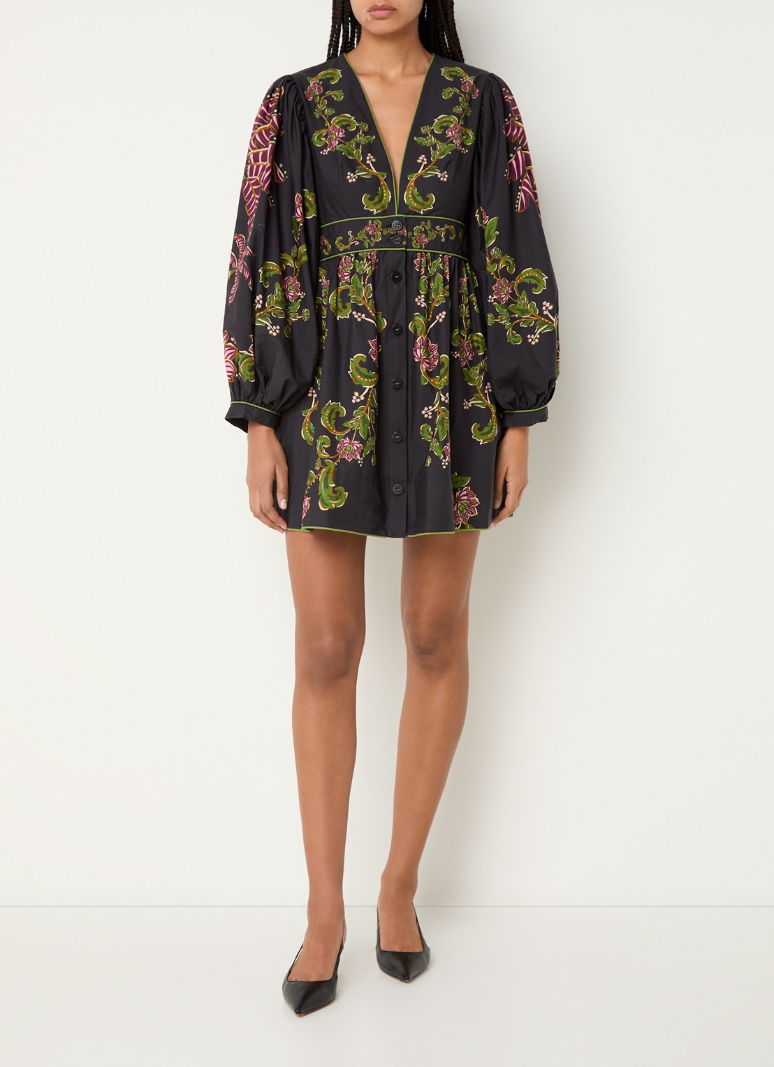 Farm Rio Ravenala mini blousejurk met bloemenprint - voorkant 4 middengrijs