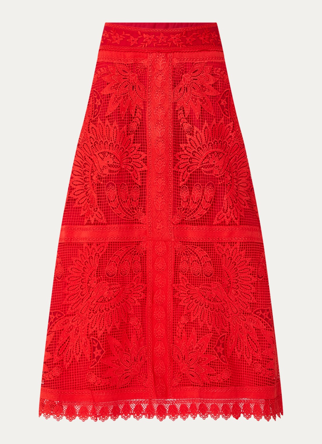 Farm Rio Red Toucan maxi rok met opengewerkt dessin - voorkant rood