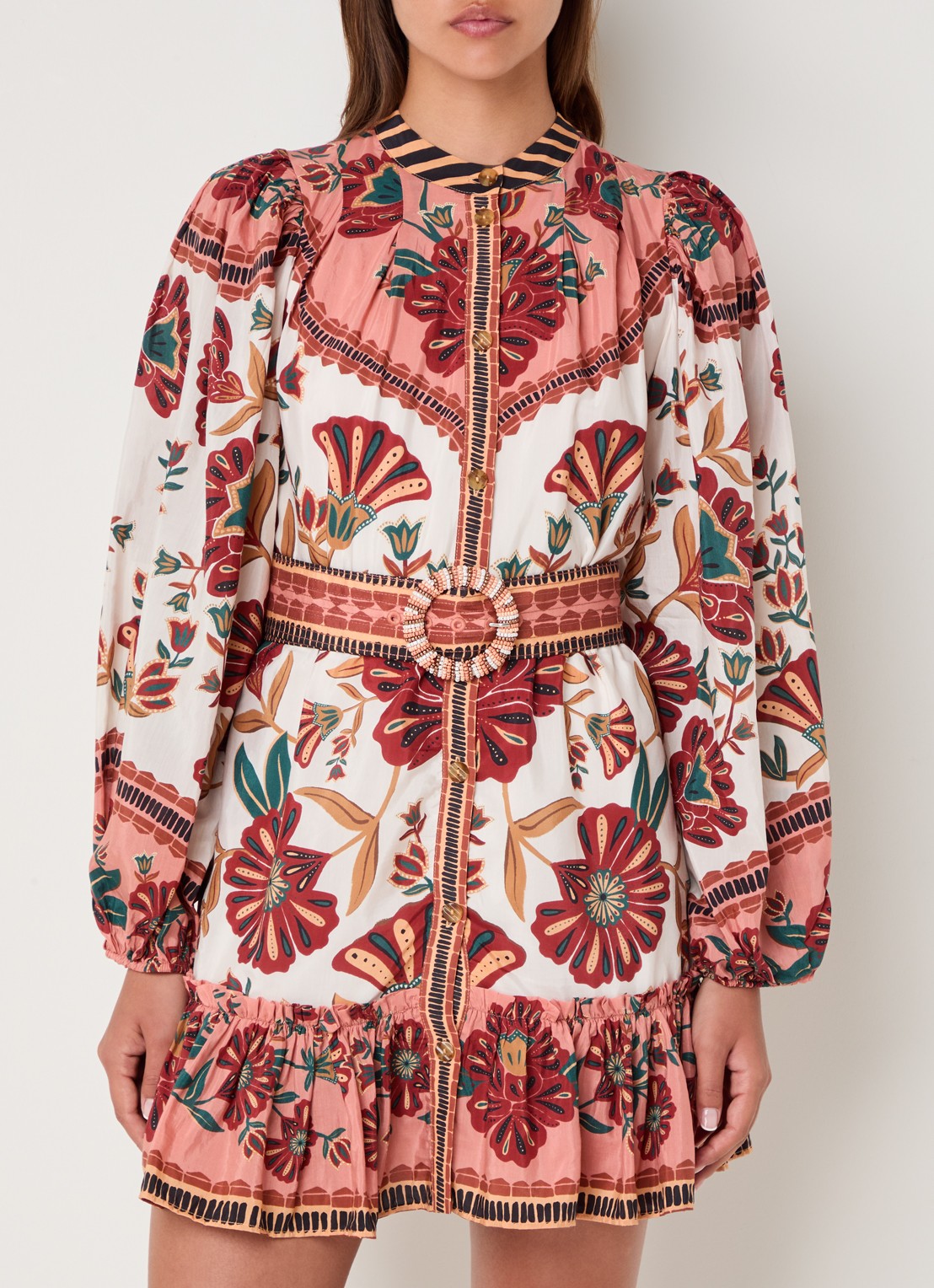 Farm Rio Riad mini blousejurk met bloemenprint en ceintuur - detail 3 roze