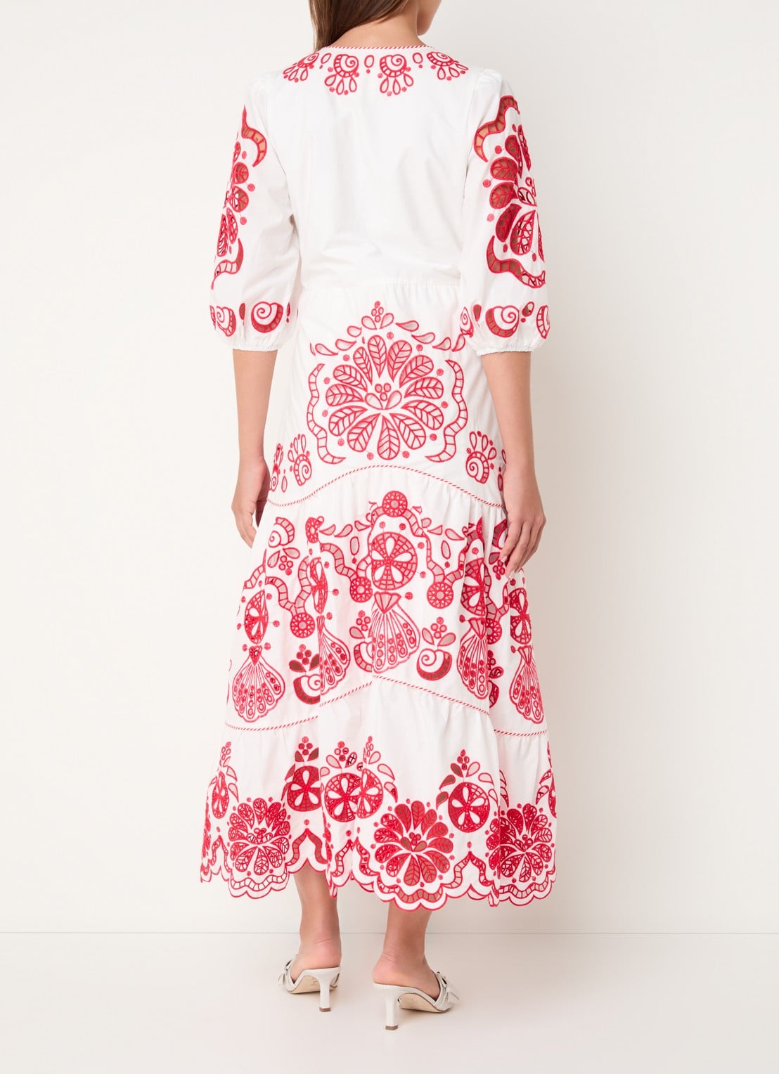 Farm Rio Richelieu midi jurk met broderie en V-hals - achterkant 5 rood