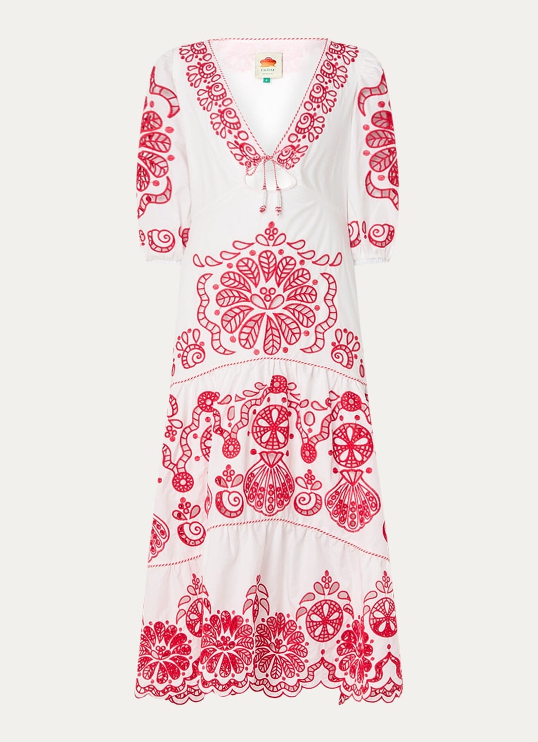 Farm Rio Richelieu midi jurk met broderie en V-hals - voorkant 3 rood