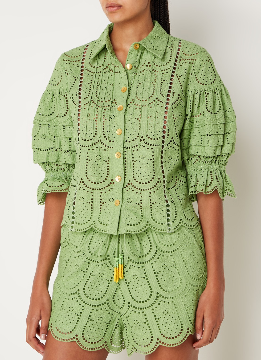 Farm Rio Richillieu blouse van broderie met ballonmouw - detail 4 lichtgroen