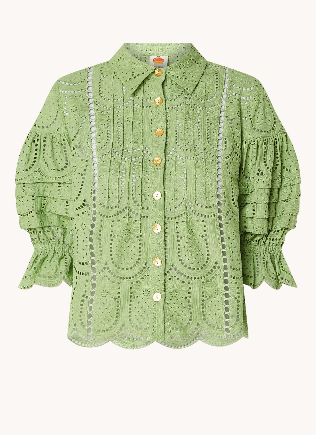 Farm Rio Richillieu blouse van broderie met ballonmouw - voorkant 2 lichtgroen