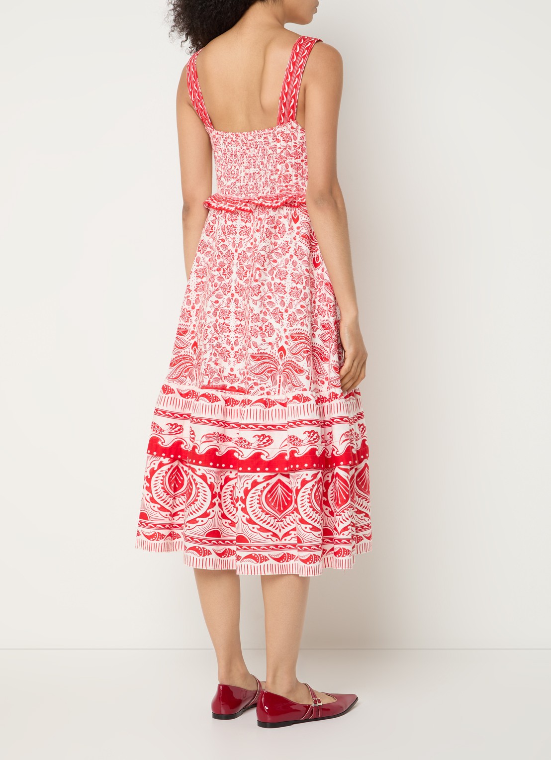 Farm Rio River Red midi jurk in linnenblend met bloemenprint - achterkant rood