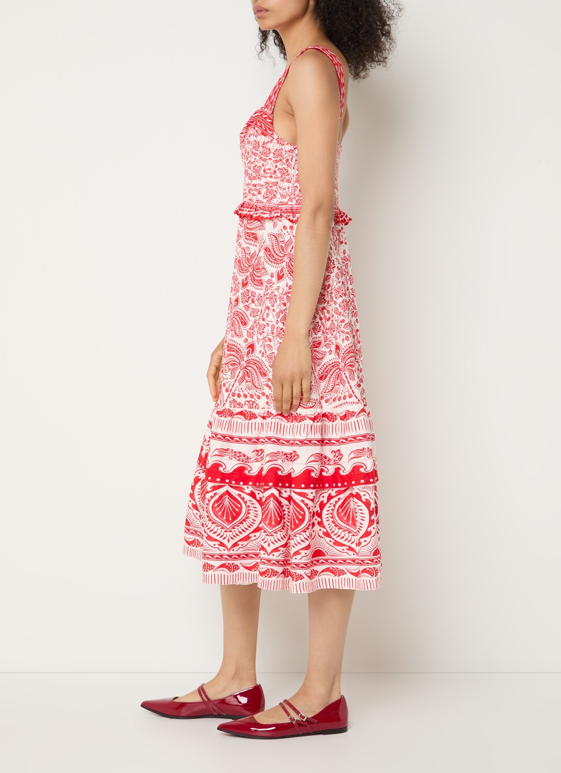 Farm Rio River Red midi jurk in linnenblend met bloemenprint - voorkant 4 rood