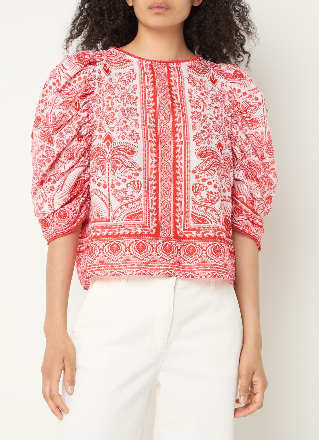 Farm Rio River Ride blouse met print en pofmouw - detail 4 rood
