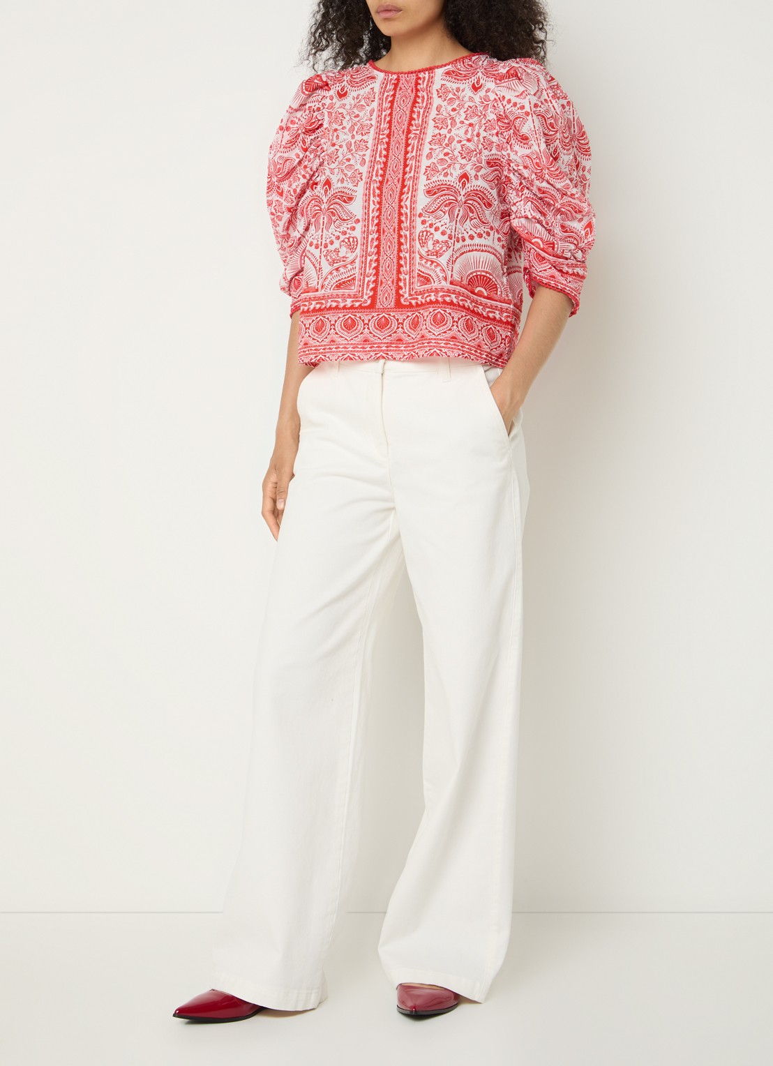 Farm Rio River Ride blouse met print en pofmouw - voorkant 2 rood