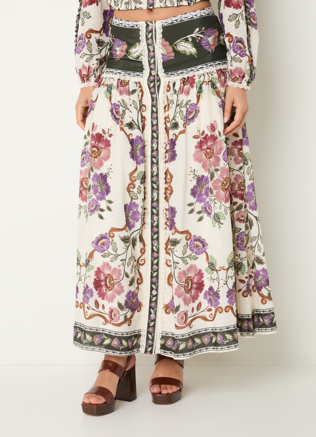 Farm Rio Rococo maxi rok met print - detail gebroken wit