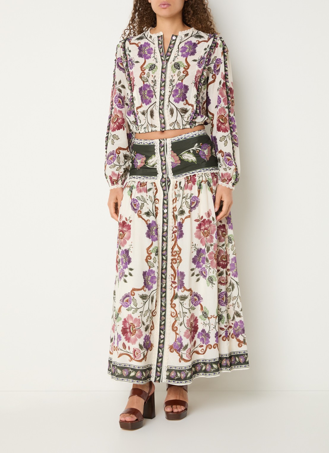 Farm Rio Rococo maxi rok met print - voorkant 4 gebroken wit