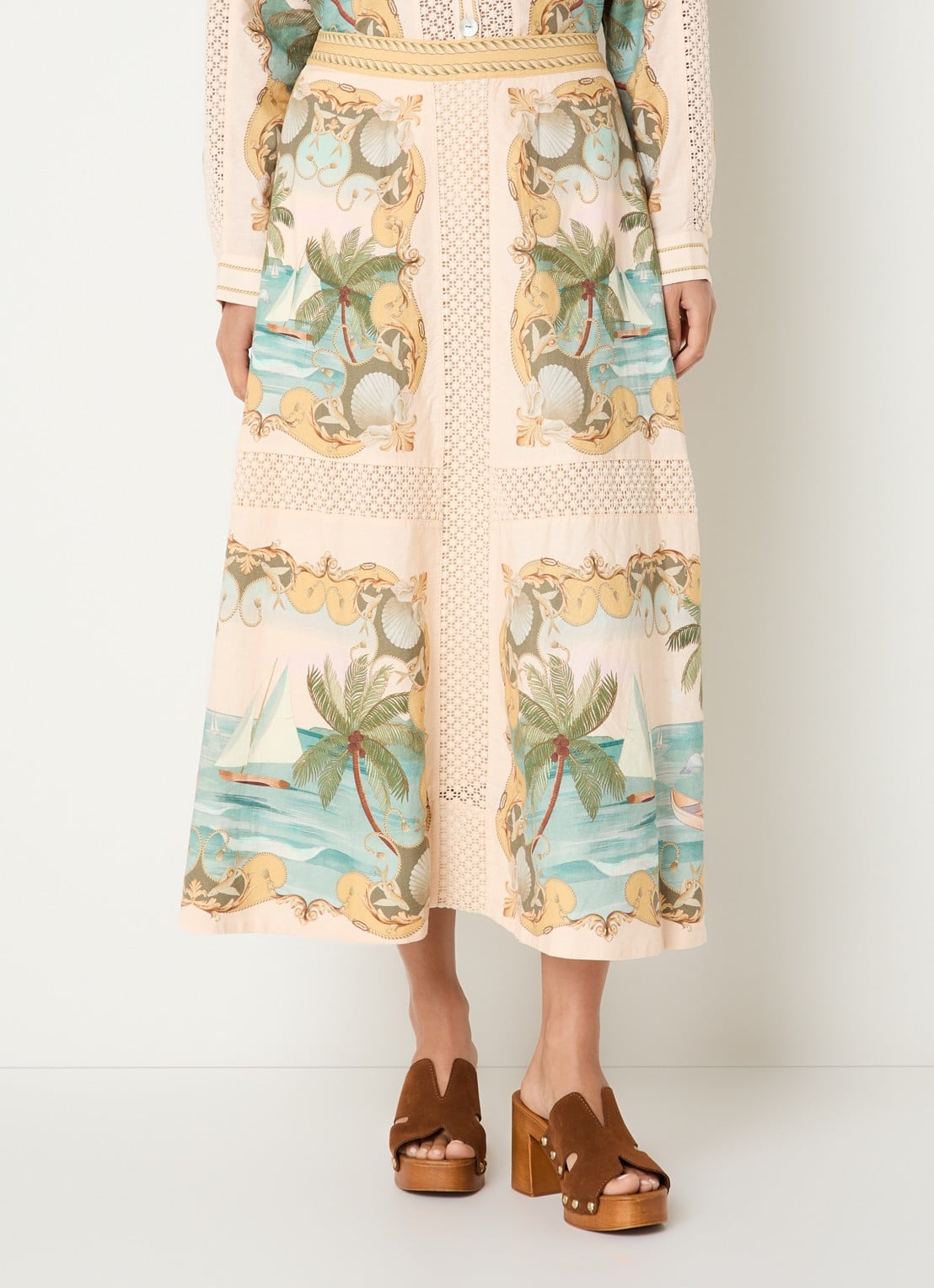 Farm Rio Royal Sea midi rok in linnenblend met print - detail 4 creme