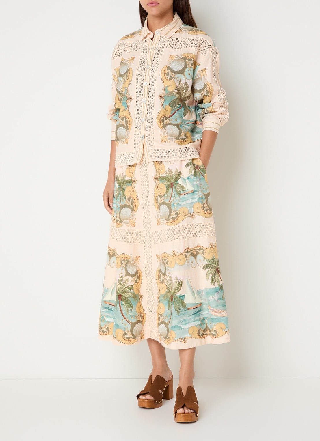 Farm Rio Royal Sea midi rok in linnenblend met print - voorkant 3 creme