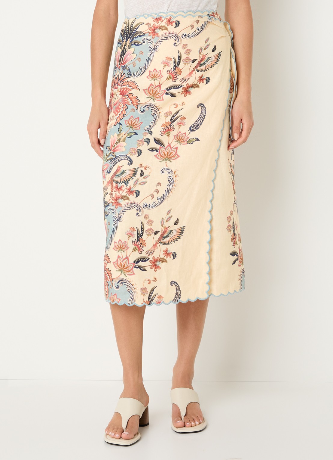 Farm Rio Sea Garden midi rok van linnen met geschulpte zoom en print - detail 4 vanillegeel