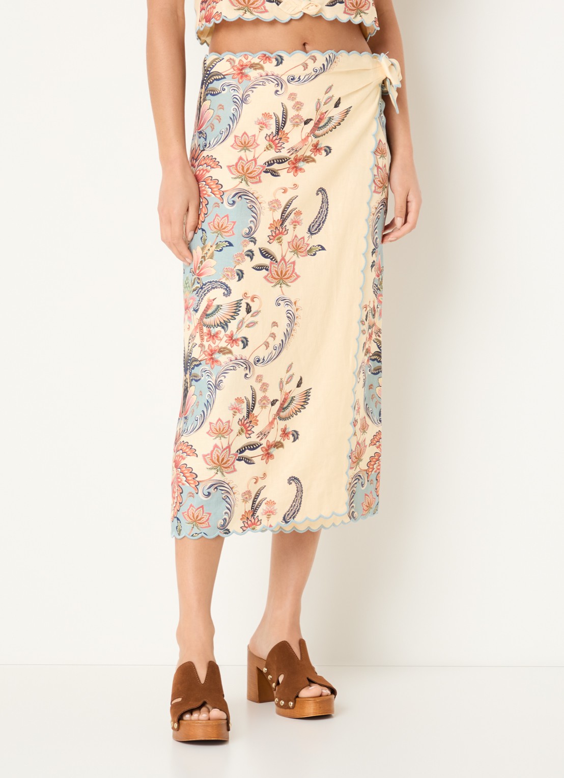 Farm Rio Sea Garden midi rok van linnen met geschulpte zoom en print - detail 5 vanillegeel