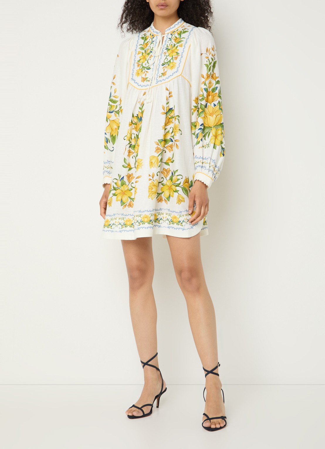 Farm Rio Sicily mini tuniekjurk in linnenblend met bloemenprint - voorkant 3 gebroken wit