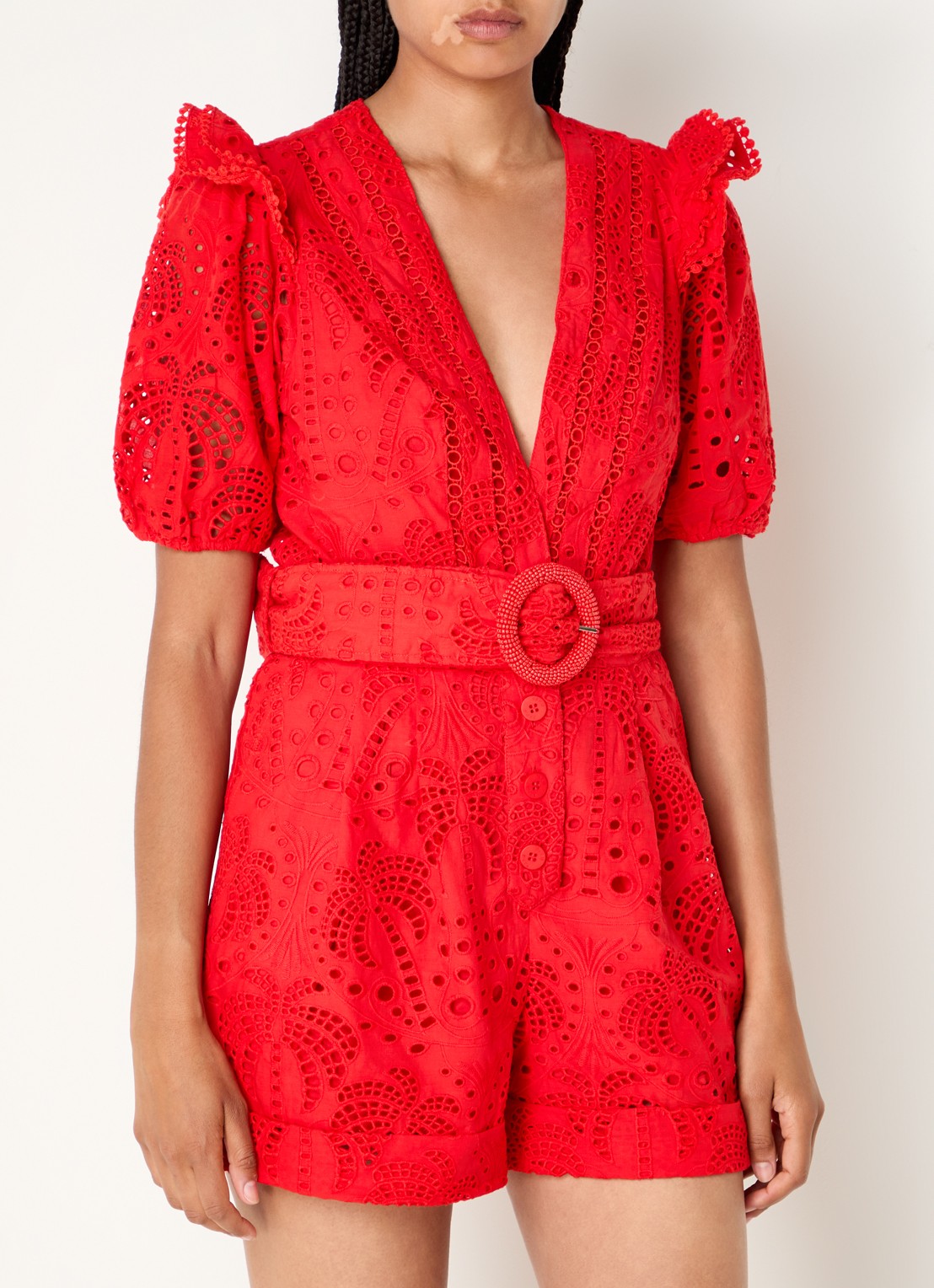 Farm Rio Straight fit playsuit met broderie en ceintuur - detail 3 rood