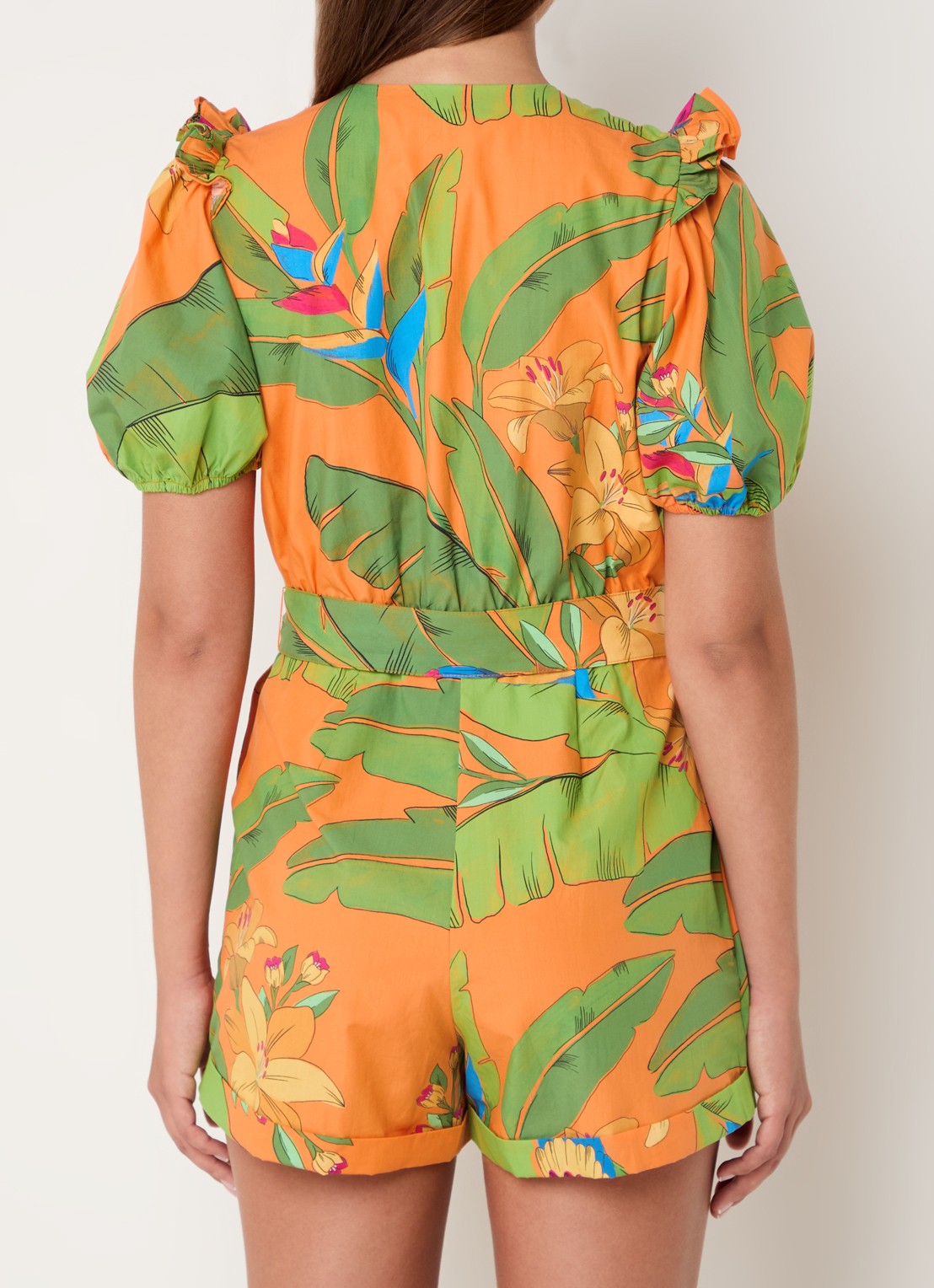 Farm Rio Straight fit playsuit met strikceintuur en opengewerkt detail - achterkant 3 oranje