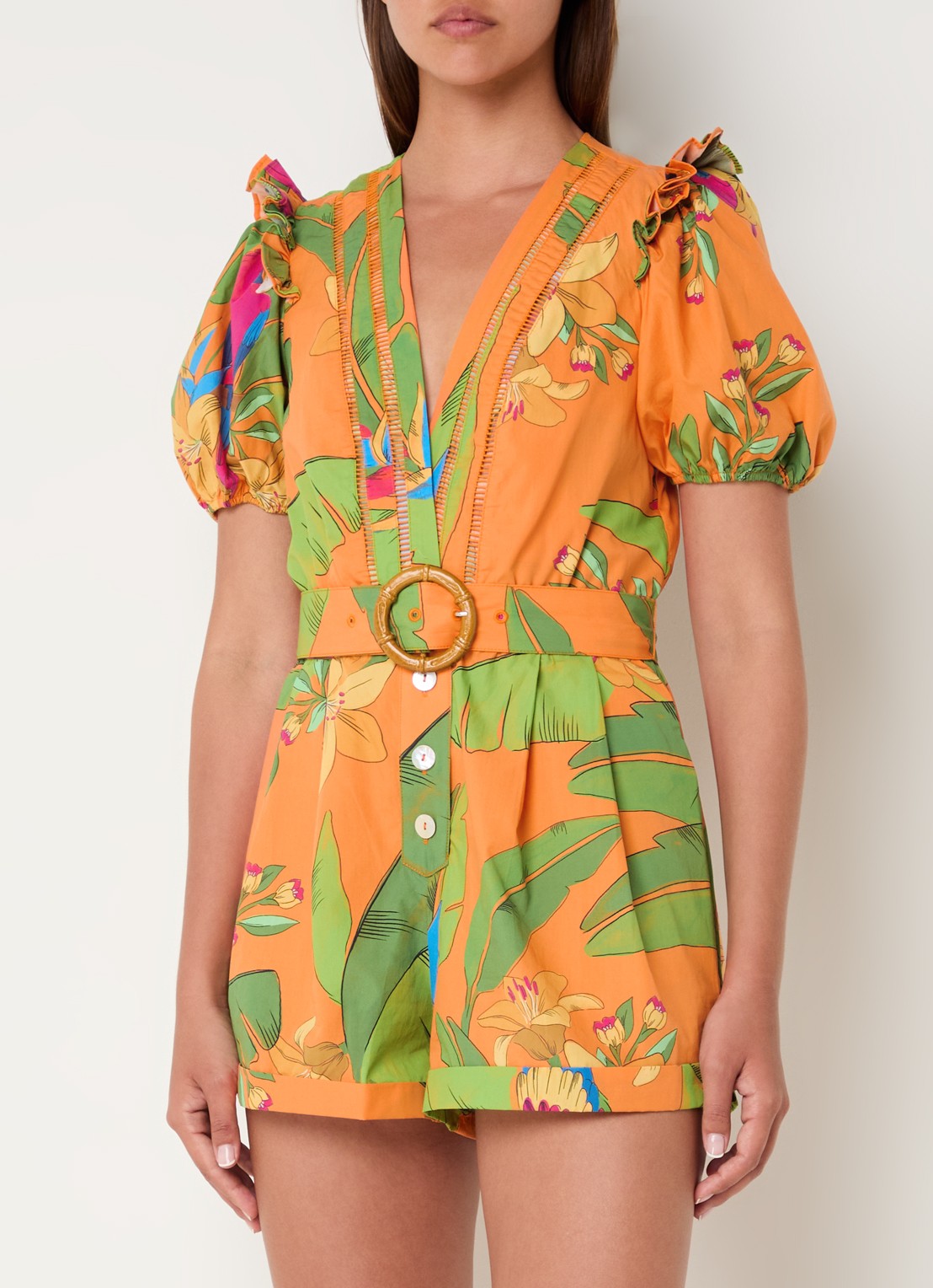 Farm Rio Straight fit playsuit met strikceintuur en opengewerkt detail - detail 4 oranje